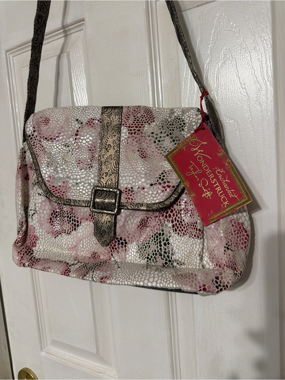 Taylor Swift Floral Crossbody Bag in Pink and White with Metallic Trim
